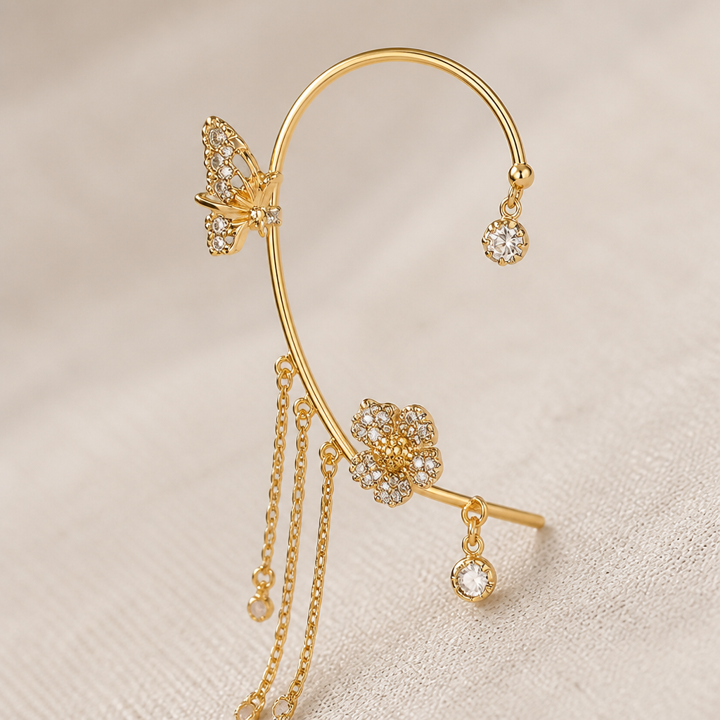 Luméline – Pendientes de aro tipo brazalete con mariposas centelleantes y cadenas de borlas de cristal - Lamylie