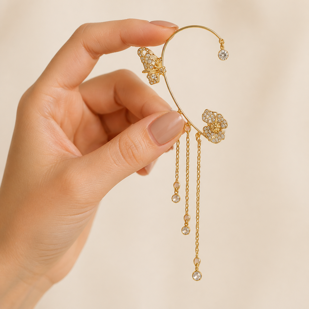 Luméline – Pendientes de aro tipo brazalete con mariposas centelleantes y cadenas de borlas de cristal - Lamylie