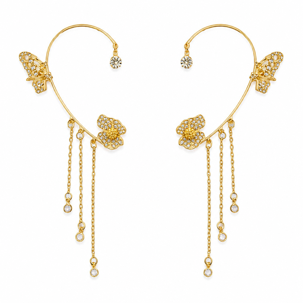 Luméline – Pendientes de aro tipo brazalete con mariposas centelleantes y cadenas de borlas de cristal - Lamylie