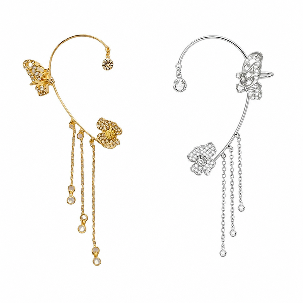 Luméline – Pendientes de aro tipo brazalete con mariposas centelleantes y cadenas de borlas de cristal - Lamylie