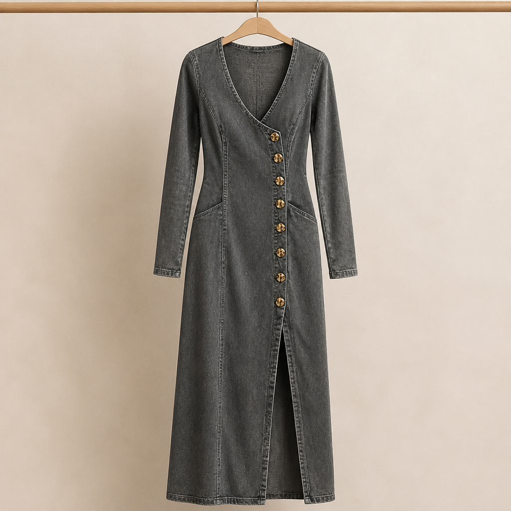 LuxeaSilk – Weiches Jeans-Maxikleid mit V-Ausschnitt und seitlichem Schlitz mit Knöpfen – Lamylie
