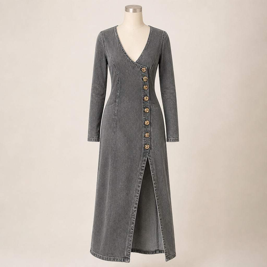 LuxeaSilk – Weiches Jeans-Maxikleid mit V-Ausschnitt und seitlichem Schlitz mit Knöpfen – Lamylie