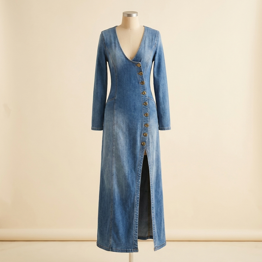 LuxeaSilk – Weiches Jeans-Maxikleid mit V-Ausschnitt und seitlichem Schlitz mit Knöpfen – Lamylie