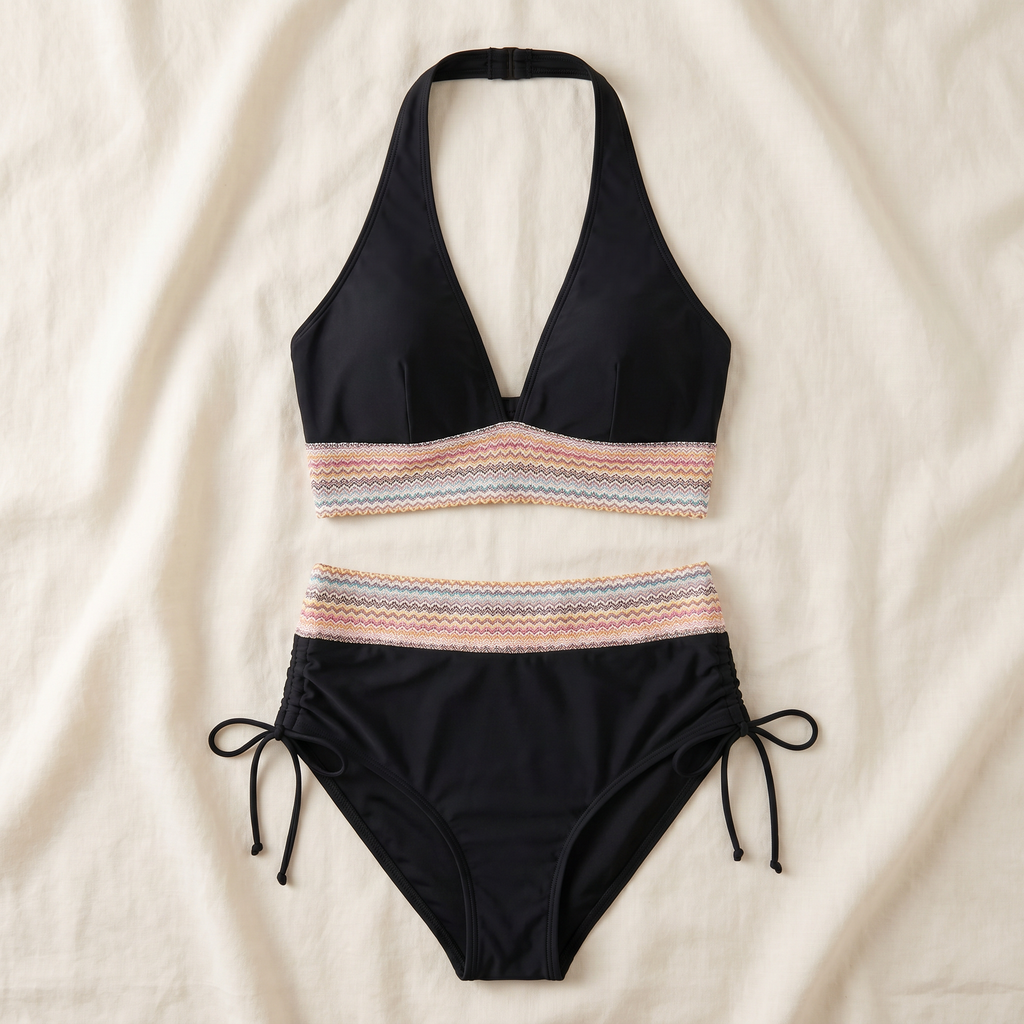 LunaSeam – High-Waist Halter Bikini Set with Woven Chevron Band - Lamylie