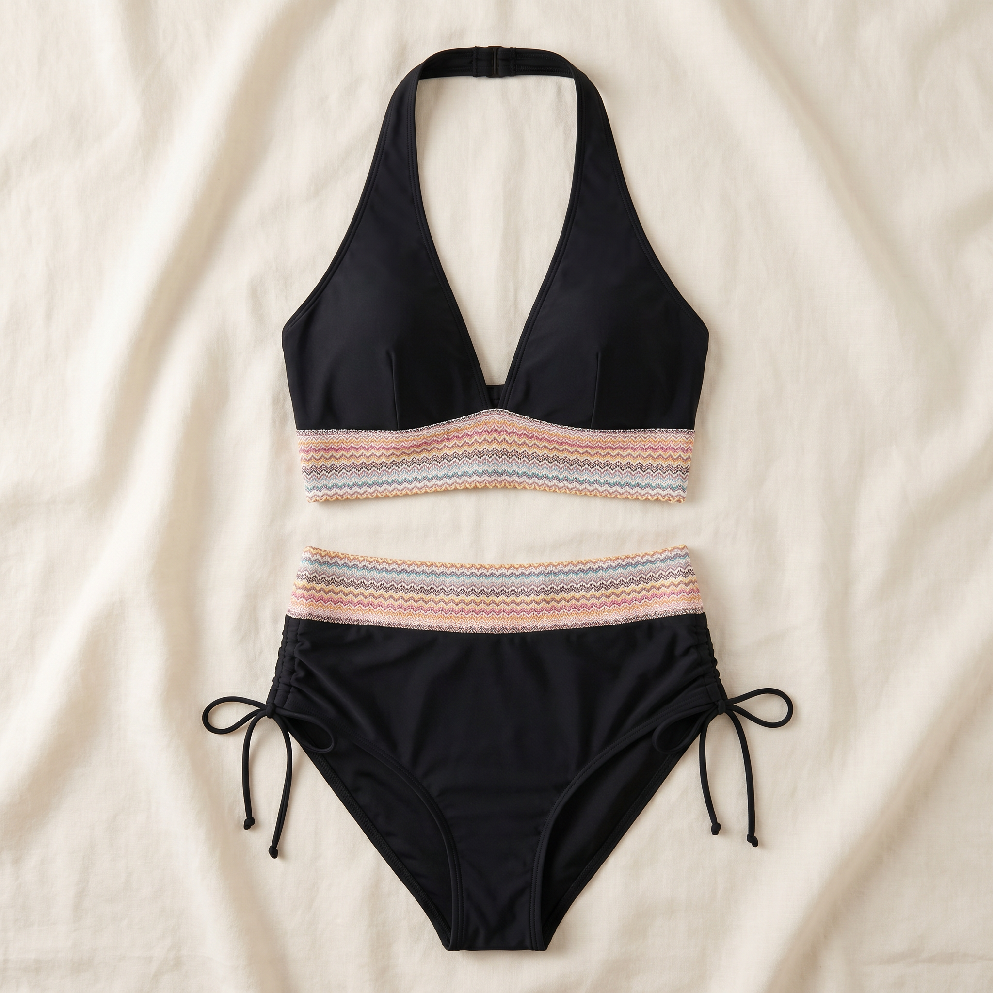 LunaSeam – High-Waist Halter Bikini Set with Woven Chevron Band - Lamylie