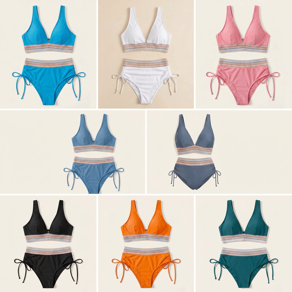LunaSeam – High-Waist Halter Bikini Set with Woven Chevron Band - Lamylie