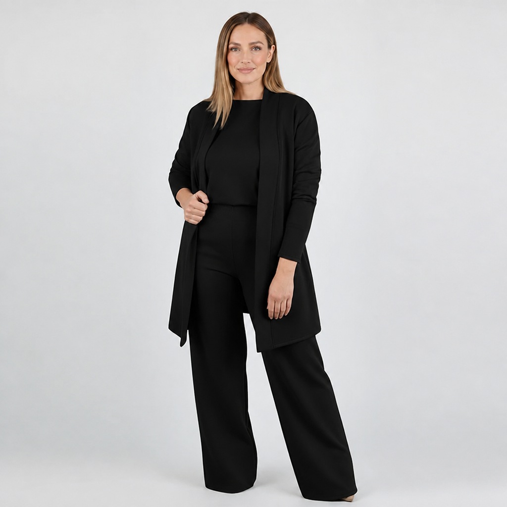 LuxeAura – Elegantes 3-teiliges Lounge-Set mit langem offenem Cardigan – Lamylie