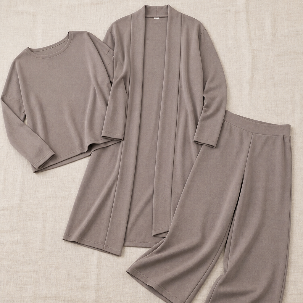 LuxeAura – Elegantes 3-teiliges Lounge-Set mit langem offenem Cardigan – Lamylie