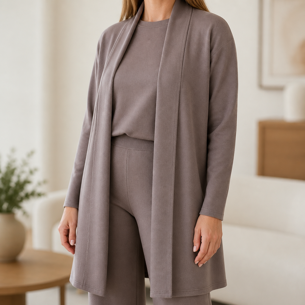 LuxeAura – Elegantes 3-teiliges Lounge-Set mit langem offenem Cardigan – Lamylie