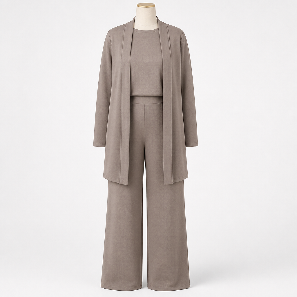 LuxeAura – Elegantes 3-teiliges Lounge-Set mit langem offenem Cardigan – Lamylie