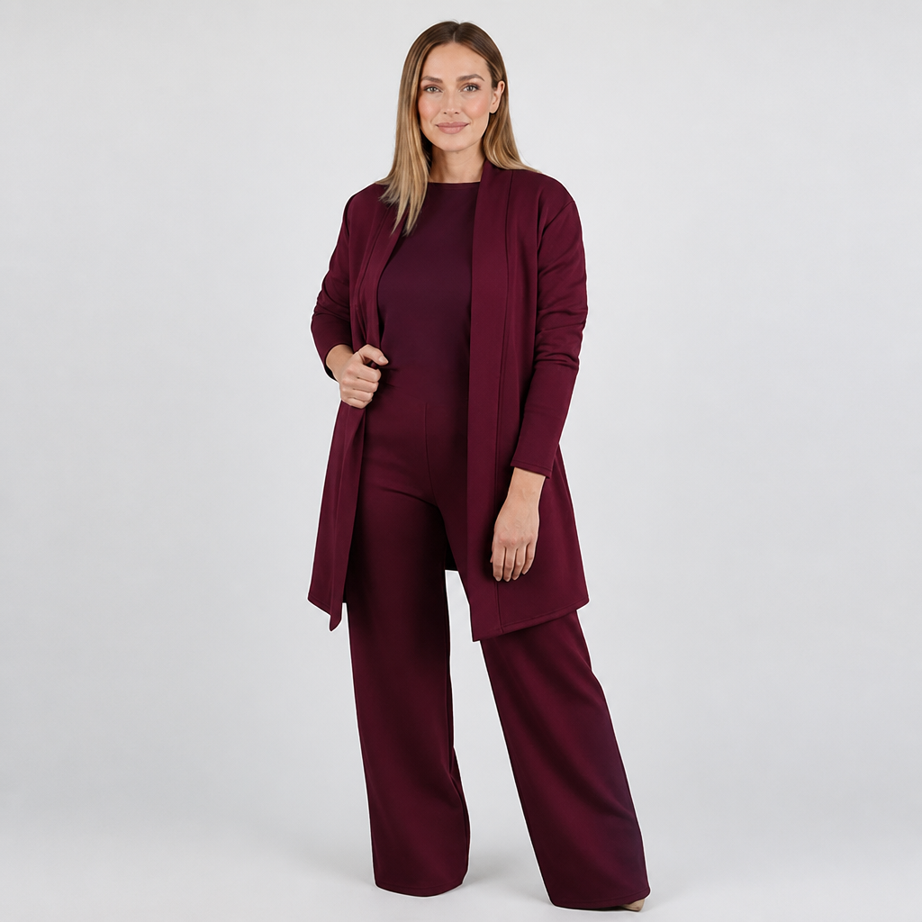 LuxeAura – Elegantes 3-teiliges Lounge-Set mit langem offenem Cardigan – Lamylie