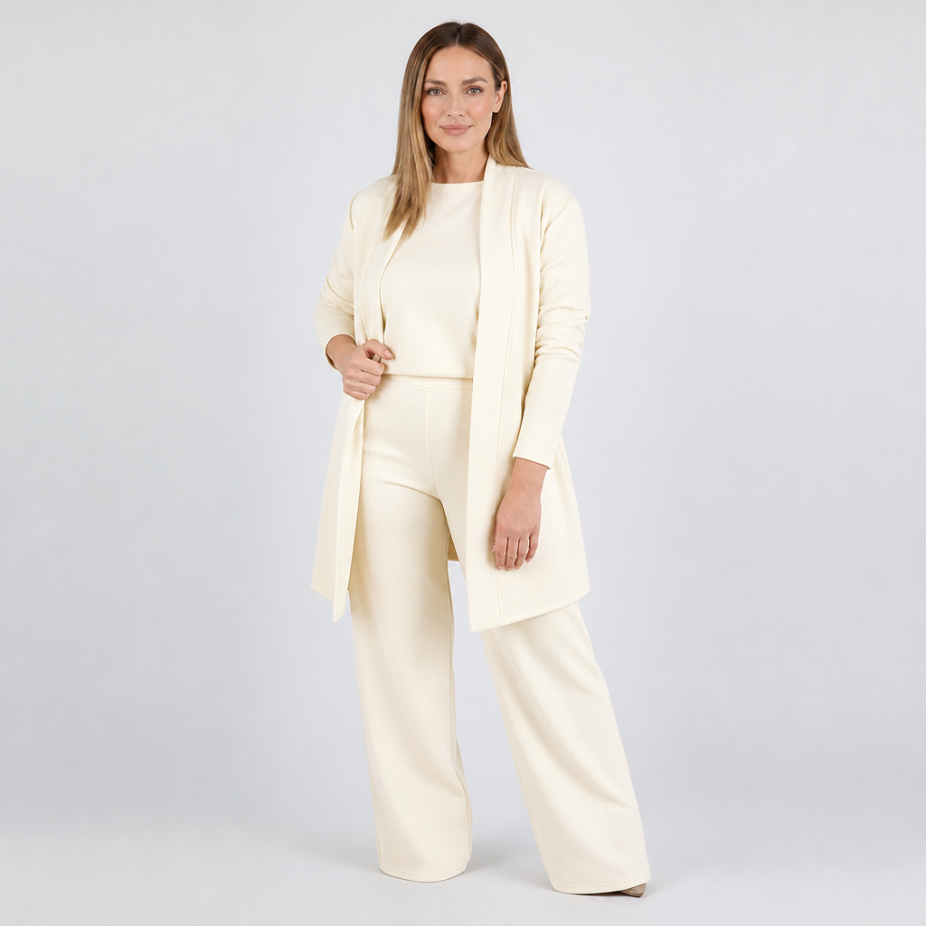 LuxeAura – Elegantes 3-teiliges Lounge-Set mit langem offenem Cardigan – Lamylie