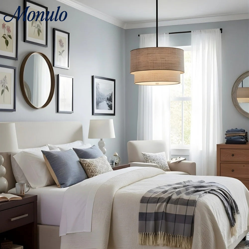 Doppelte Stoff-Trommelpendelleuchte | Moderne Schichtschirm-Deckenlampe für Esszimmer und Wohnzimmer - Lamylie