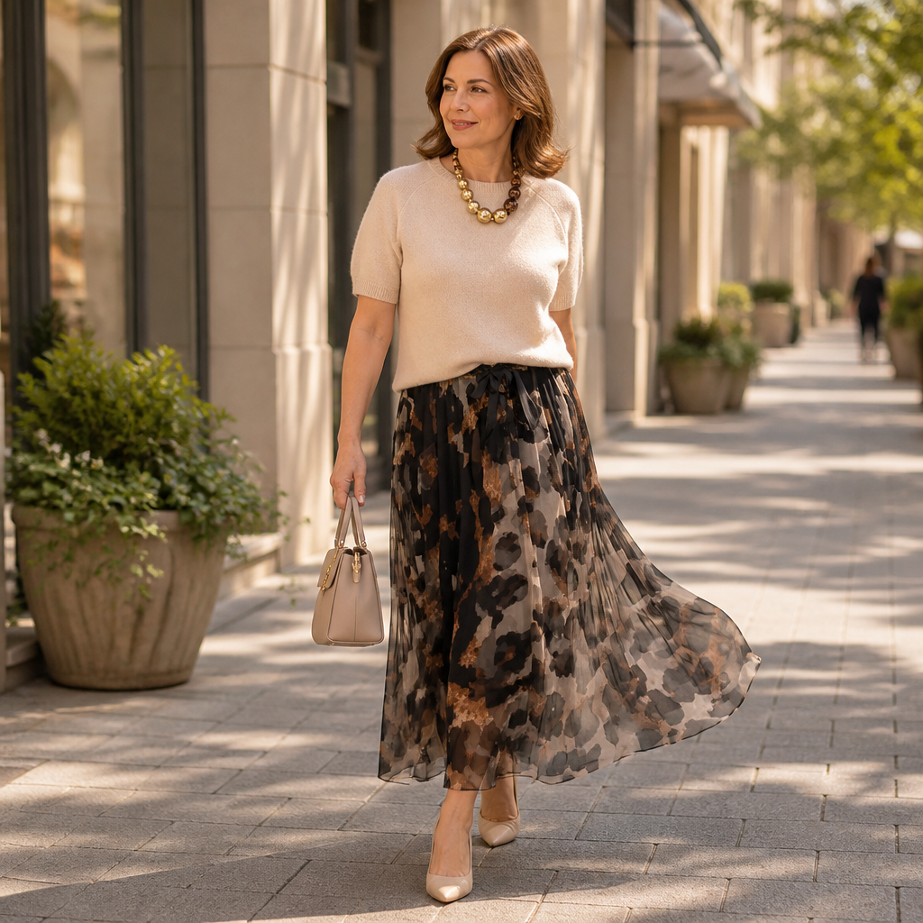 LuxuryLynx – Set aus weichem Strickoberteil und fließendem Maxirock mit Leopardenmuster – Lamylie