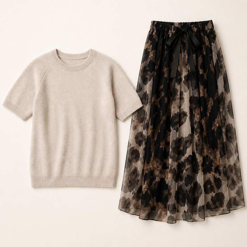 LuxuryLynx – Set aus weichem Strickoberteil und fließendem Maxirock mit Leopardenmuster – Lamylie
