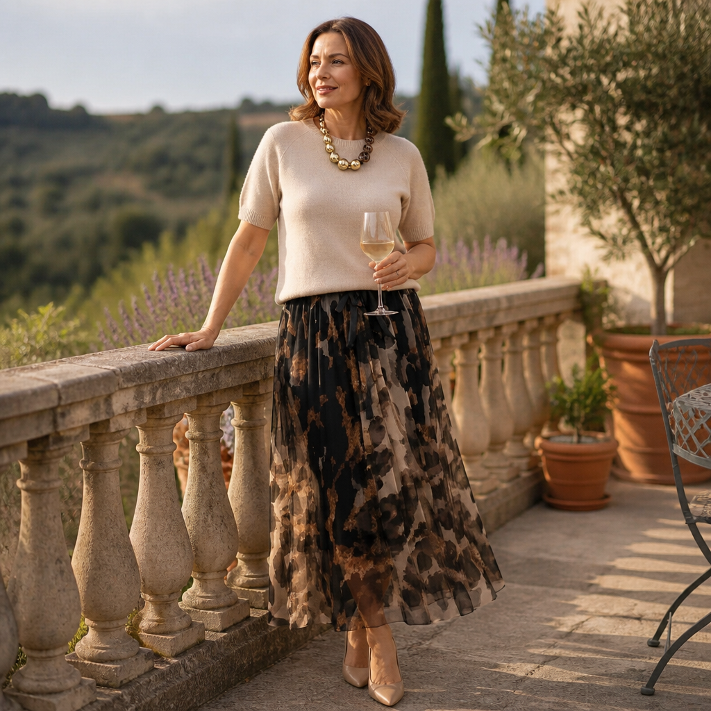 LuxuryLynx – Set aus weichem Strickoberteil und fließendem Maxirock mit Leopardenmuster – Lamylie
