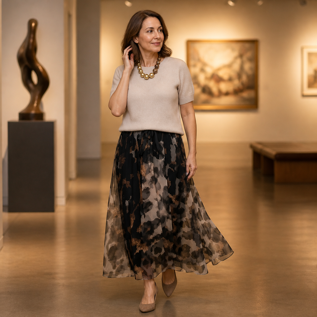 LuxuryLynx – Set aus weichem Strickoberteil und fließendem Maxirock mit Leopardenmuster – Lamylie