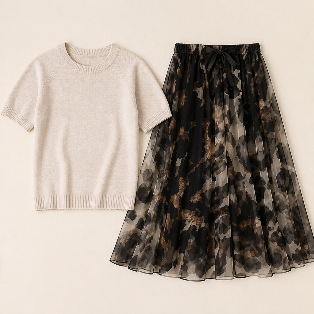 LuxuryLynx – Set aus weichem Strickoberteil und fließendem Maxirock mit Leopardenmuster – Lamylie