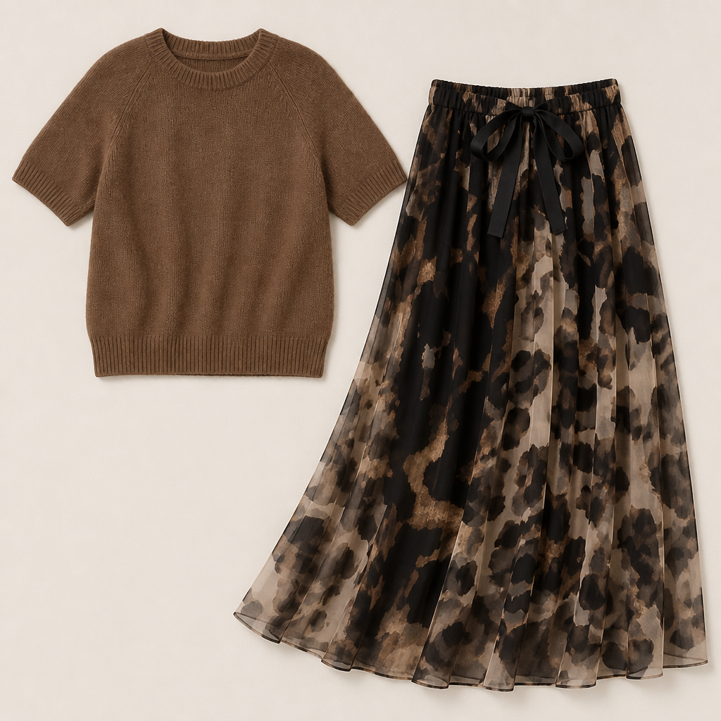 LuxuryLynx – Set aus weichem Strickoberteil und fließendem Maxirock mit Leopardenmuster – Lamylie