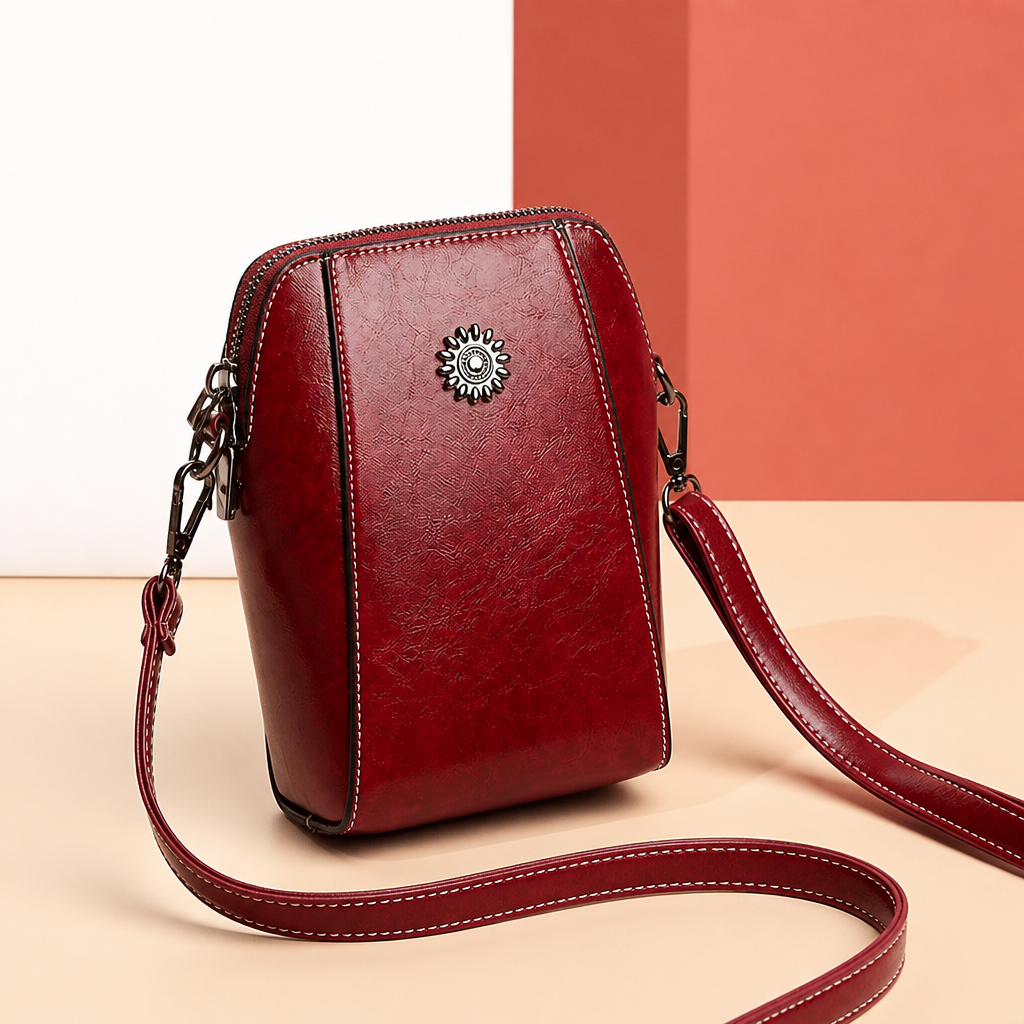 Marcella – Kompakte Vintage-Umhängetasche aus Ölleder mit Sonnenblumenmedaillon – Lamylie