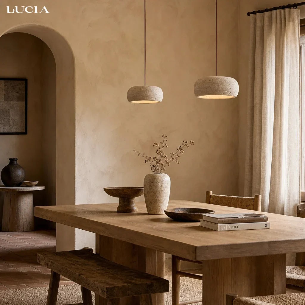 Lampă suspendată din travertin, crem vintage, din piatră naturală, în stil Wabi-Sabi, pentru sufragerie și dormitor – Lamylie