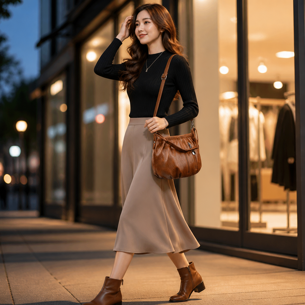 LuxeAura – Weiche plissierte Umhängetasche aus PU-Leder mit silbernem Reißverschlussdetail – Lamylie