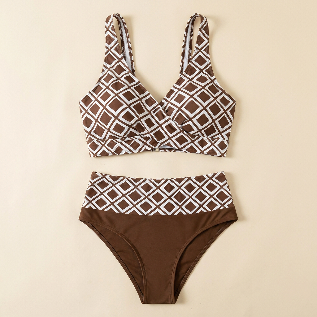 Marisol – Geometrisches Bikini-Set mit hoher Taille und Wickel-Crossover-Oberteil – Lamylie