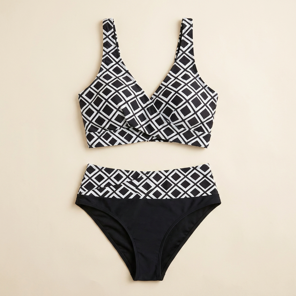 Marisol – Geometrisches Bikini-Set mit hoher Taille und Wickel-Crossover-Oberteil – Lamylie