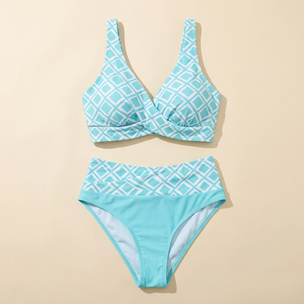 Marisol – Geometrisches Bikini-Set mit hoher Taille und Wickel-Crossover-Oberteil – Lamylie
