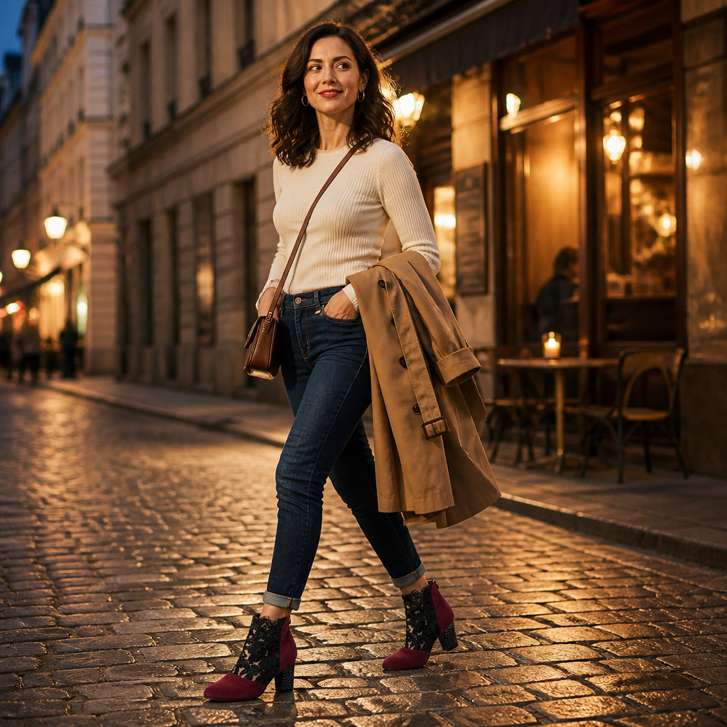MystiLuxe – Bottines à talon carré en dentelle florale avec ornements en strass - Lamylie