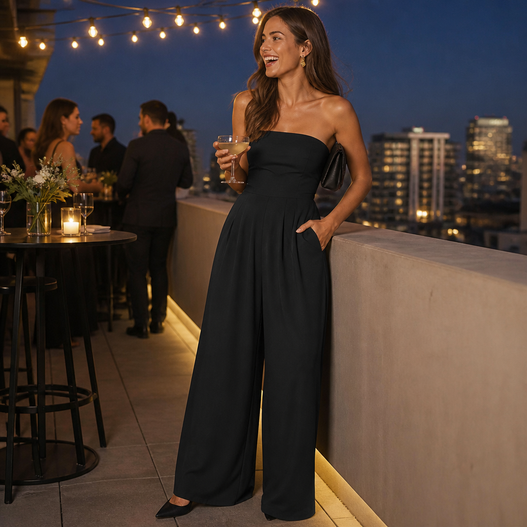 LuminaWear – Elegant Strapless Wide-Leg Jumpsuit with Smocked Back - Lamylie