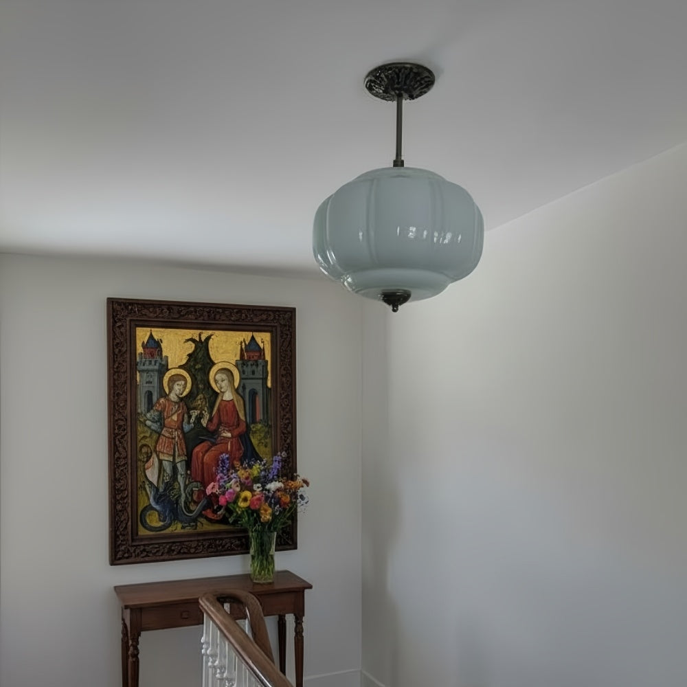 Vintage Milk Glass Ceiling Lamp Scalloped Edge White Pink Green Blue Clear Matte Glass Semi-Flush Pendant Lamp Brass Black Finish - Lamylie