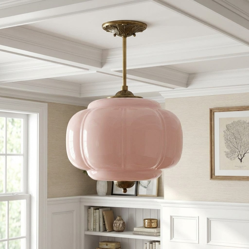 Vintage Milk Glass Ceiling Lamp Scalloped Edge White Pink Green Blue Clear Matte Glass Semi-Flush Pendant Lamp Brass Black Finish - Lamylie