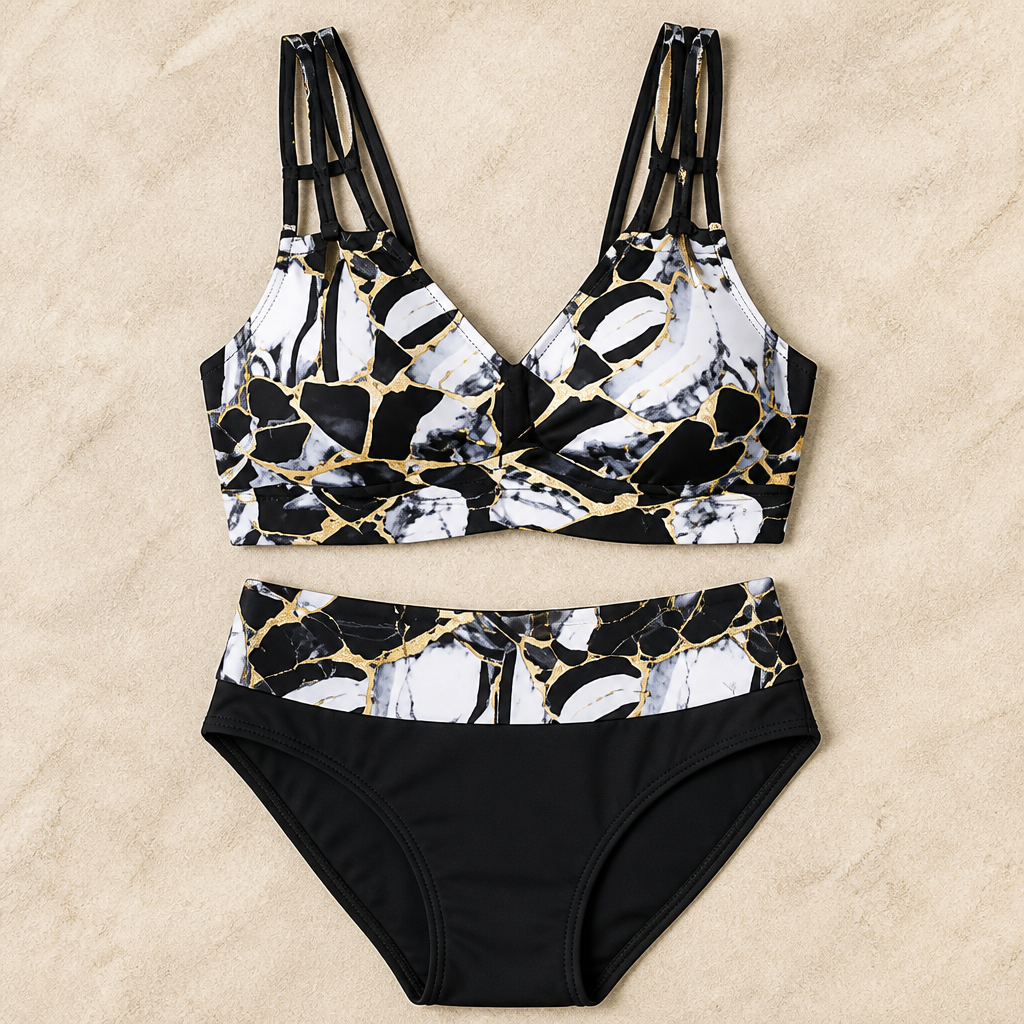 Marenza – Marmoriertes Bikini-Set mit hoher Taille und V-Ausschnitt-Top mit mehreren Trägern – Lamylie