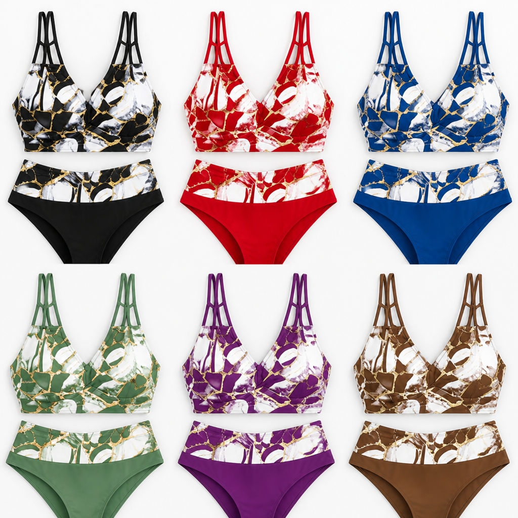 Marenza – Marmoriertes Bikini-Set mit hoher Taille und V-Ausschnitt-Top mit mehreren Trägern – Lamylie