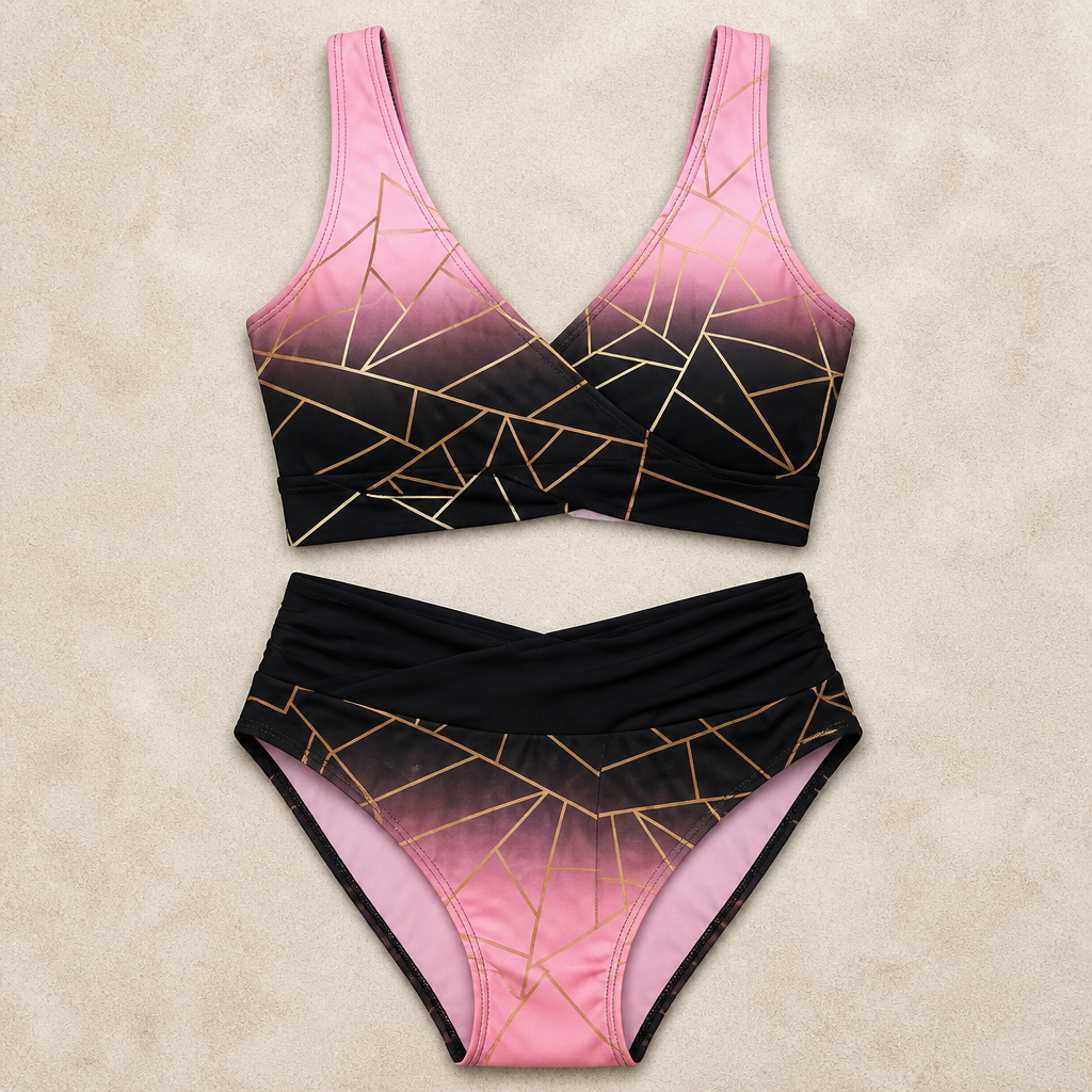 Mosaira – Geometric Ombre High-Waist Bikini Set with Crossover Top - Lamylie