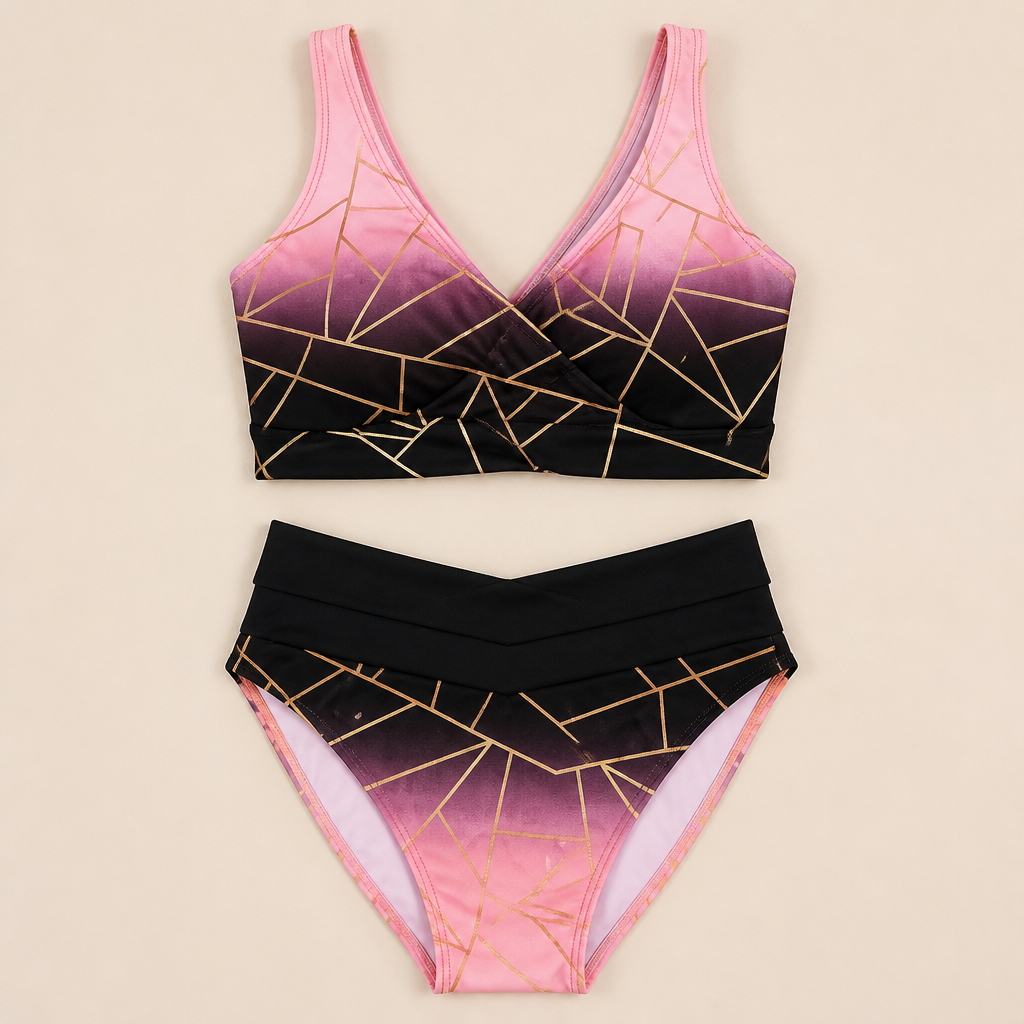 Mosaira – Geometric Ombre High-Waist Bikini Set with Crossover Top - Lamylie