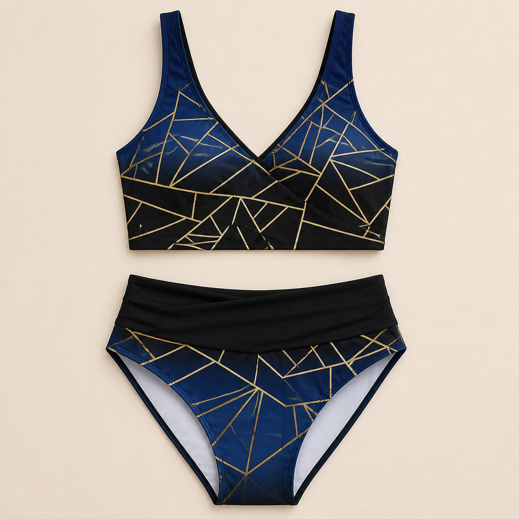 Mosaira – Geometric Ombre High-Waist Bikini Set with Crossover Top - Lamylie