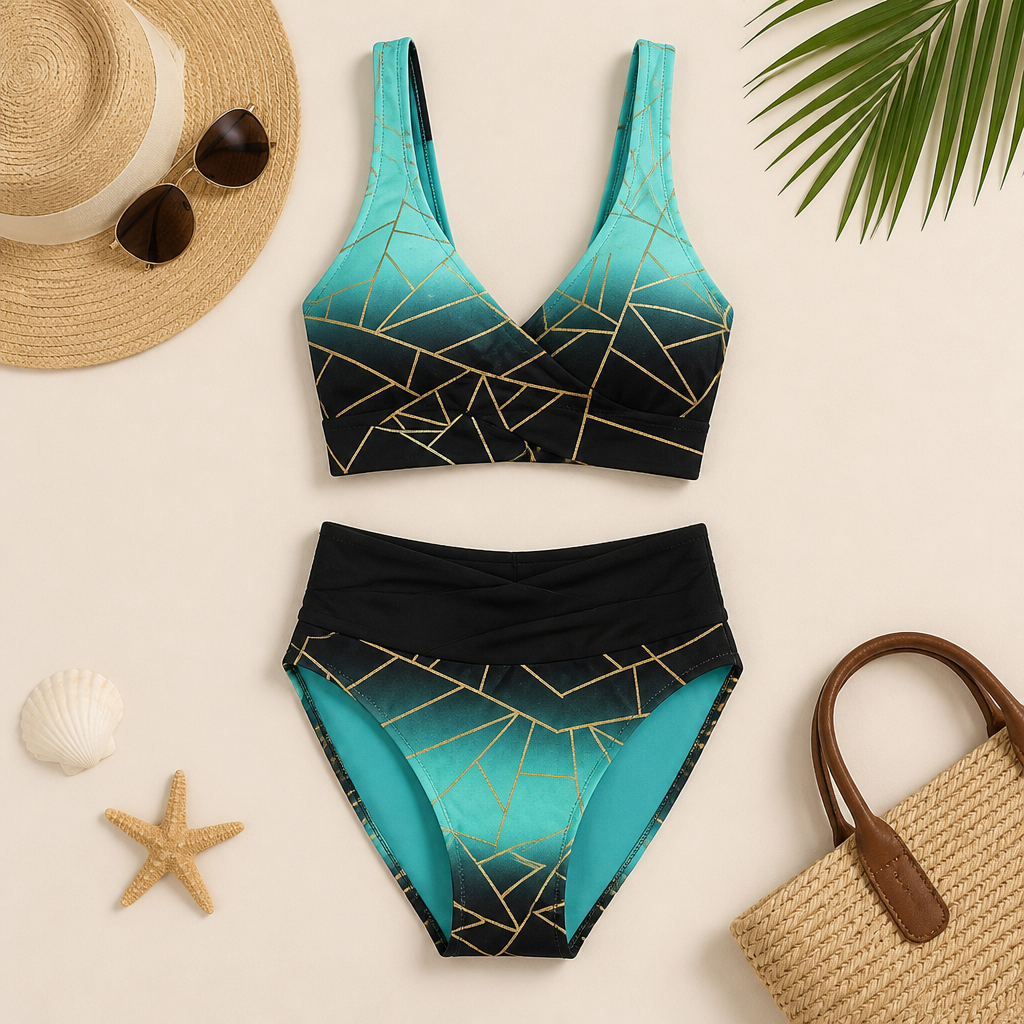 Mosaira – Geometric Ombre High-Waist Bikini Set with Crossover Top - Lamylie