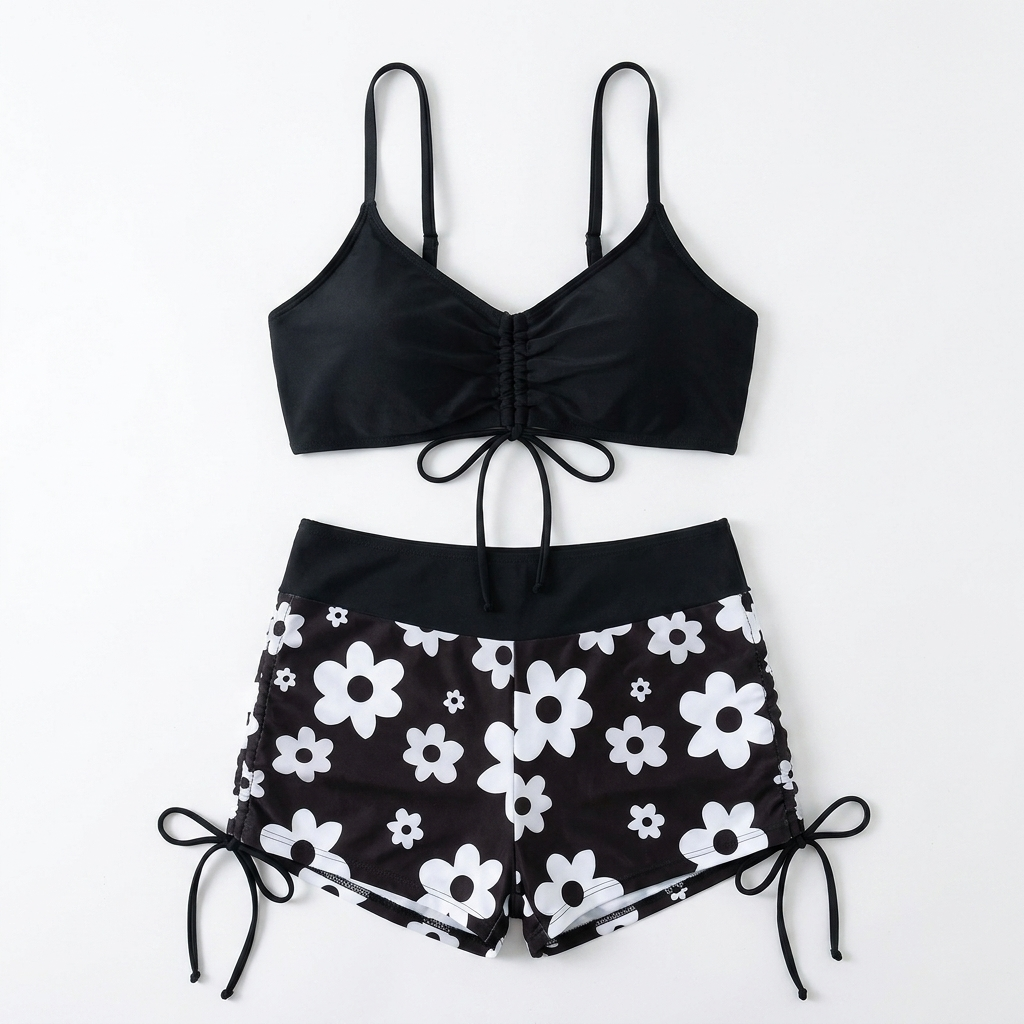 MirageCove – High-Waist Boyshort Bikini Set with Adjustable Side Drawstrings - Lamylie