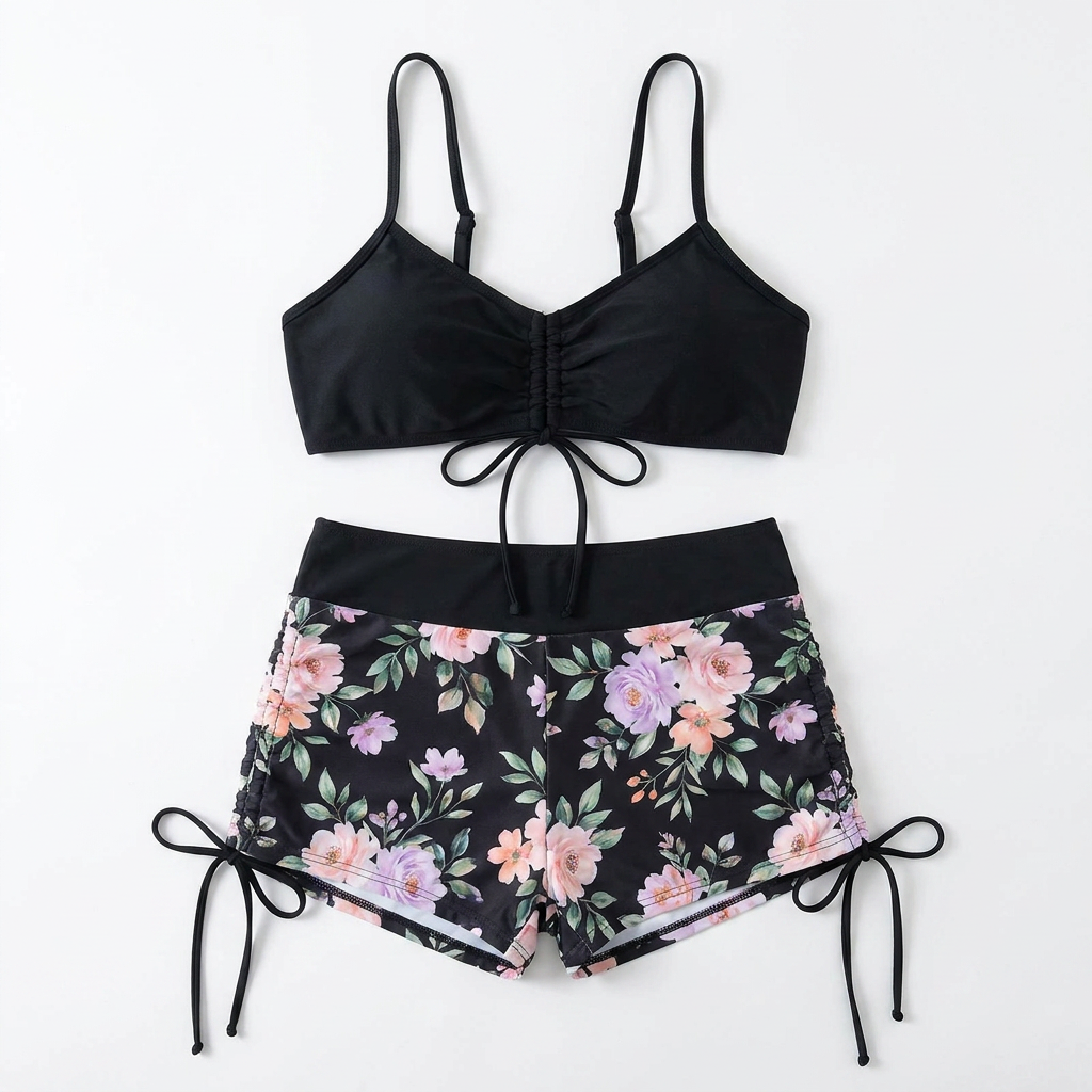 MirageCove – High-Waist Boyshort Bikini Set with Adjustable Side Drawstrings - Lamylie