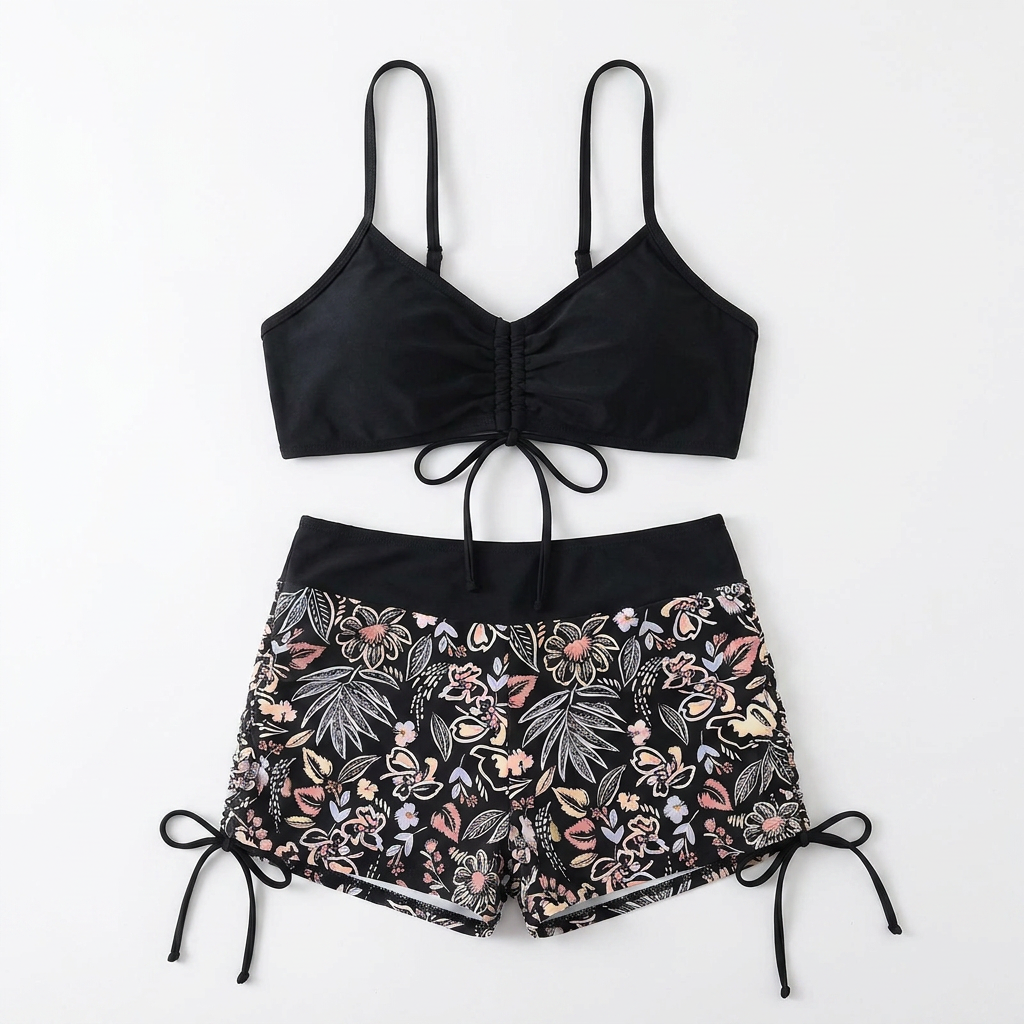MirageCove – High-Waist Boyshort Bikini Set with Adjustable Side Drawstrings - Lamylie