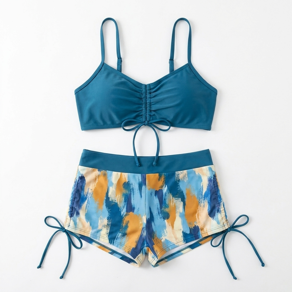 MirageCove – High-Waist Boyshort Bikini Set with Adjustable Side Drawstrings - Lamylie