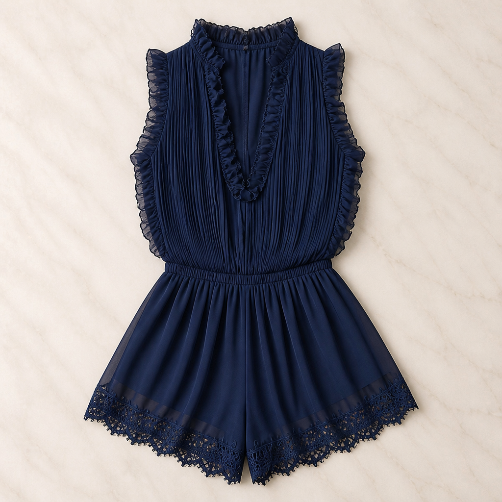 MidnightAura – Pleated Chiffon Lace-Trim Romper with Plunging Ruffle Neckline - Lamylie