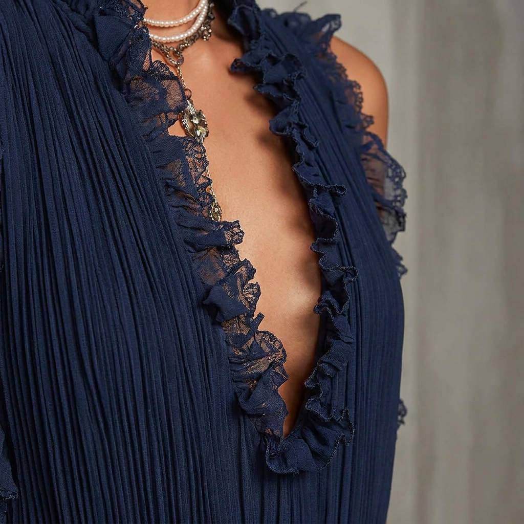 MidnightAura – Pleated Chiffon Lace-Trim Romper with Plunging Ruffle Neckline - Lamylie
