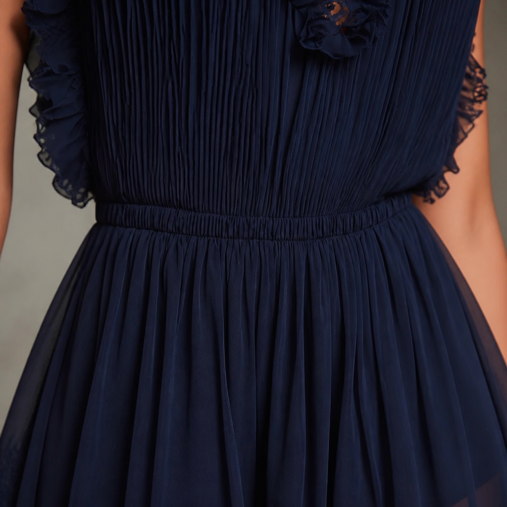 MidnightAura – Pleated Chiffon Lace-Trim Romper with Plunging Ruffle Neckline - Lamylie