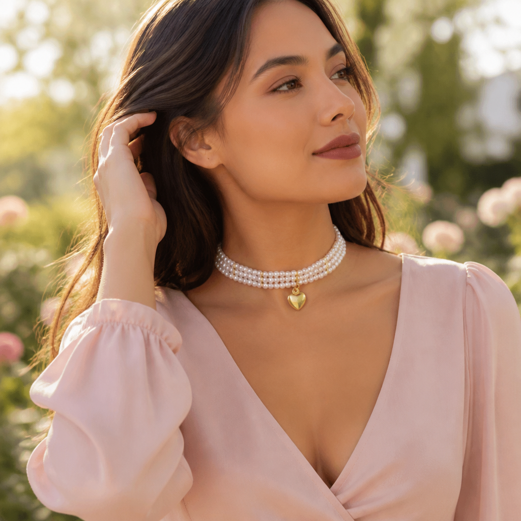 LumaLuxe – Romantic Triple-Strand Pearl Choker with Gold Heart Pendant - Lamylie