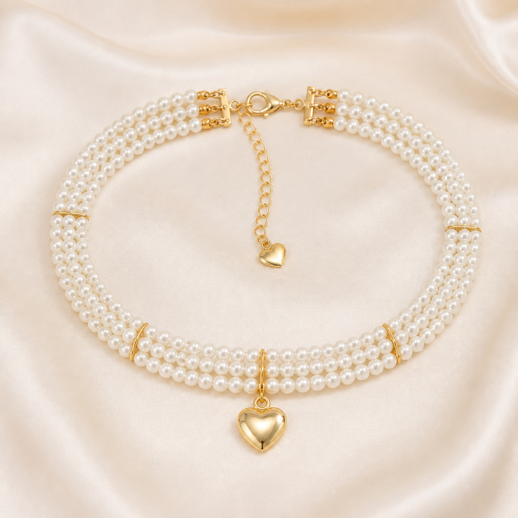 LumaLuxe – Romantic Triple-Strand Pearl Choker with Gold Heart Pendant - Lamylie