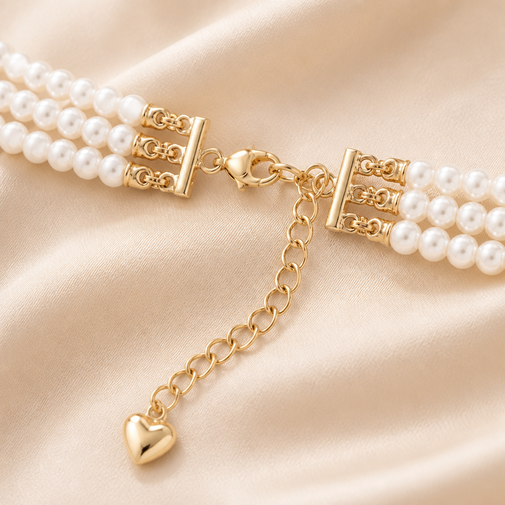 LumaLuxe – Romantic Triple-Strand Pearl Choker with Gold Heart Pendant - Lamylie