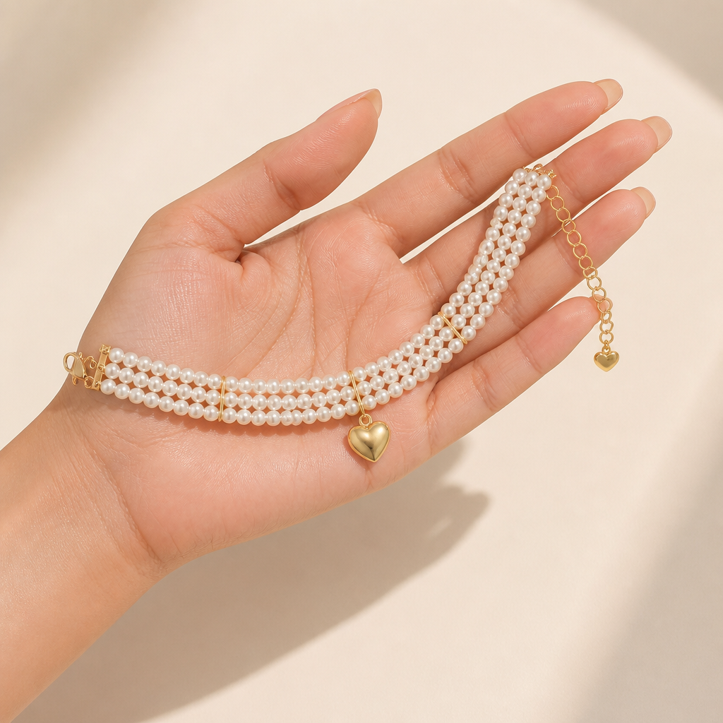 LumaLuxe – Romantic Triple-Strand Pearl Choker with Gold Heart Pendant - Lamylie